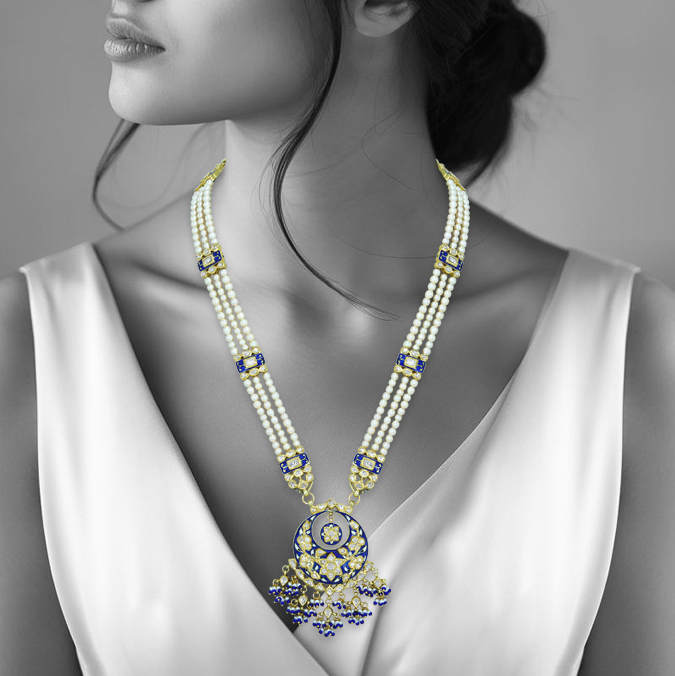 Three-Strand Pearl Necklace with Blue Enamel and Sapphire Accents